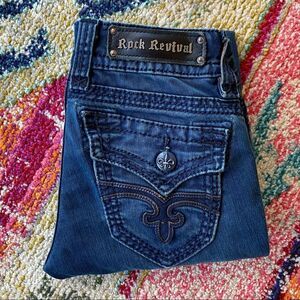 Rock Revival Jen Dark Wash Fleur-de-lis Flap Pocket Skinny Jeans